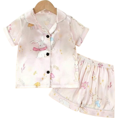 Shein Back To School Season Unisex ParentChild Family Look Pink Flower Patterned Scarf Cartoon Rabbit Print Short Sleeve Shorts Sleepwear Homewear Set For