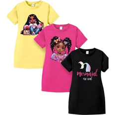 Shein Young Girl pcsSet Fashionable And Cute Short Sleeved TShirt Dress With Bow And Curly Hair Little Girl Print