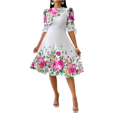 Shein Autumn And WinterElegantwhite WorkKnittedRound NeckWovenThree Quarter Length SleeveWomen Dresses