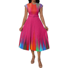 Shein Short Sleeve Round Neck Pleated Print Casual Dress