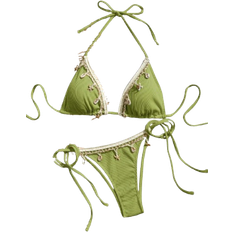 Shein Solid Color Splice Weave Bandeau Bikini Set With Bow Tie For Women