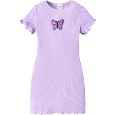 Shein Little Girls' Knitted Solid Color Round Neck Butterfly Patterned Casual Dress