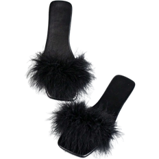 Shein Women Fluffy Decor Flat Sandals, Glamorous Black Slide Sandals