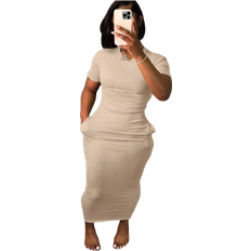 Shein Plus Round Neck Short Sleeve Ruched Pocket Fitted Graceful Charm Dress