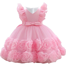 Shein Baby Girls Solid Color Floral Mesh Satin Party Dress