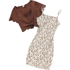 Polyester Övriga sets Shein Girls Lettuce Trim Tie Front Top & Ditsy Floral Print Cami Dress