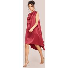Cowl Neck Back Wing Satin High Low Midi Dress - Berry-Red