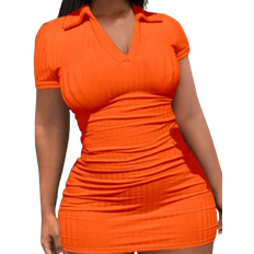 Shein Womens VNeck Ribbed Bodycon Mini Orange Dress