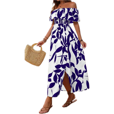 Shein Plants Print Off Shoulder Split Thigh Dress For Summer Vacation