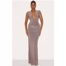 PrettyLittleThing Double Layer Plunge Ruched Shoulder Drape Waist Maxi Dress - Brown