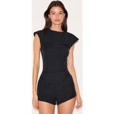 Boat Neck Jumpsuits & Overalls PrettyLittleThing Tailored Woven Boatneck Cap Sleeve Playsuit - Black