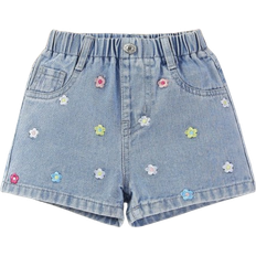 Shein Girls' Casual Cute Dopamine Colored Flower Embroidery Wide-leg Comfortable Light Blue Washed Denim Shorts With Flower