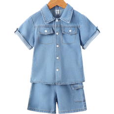 Shein Boys Small Flap Pocket Short Sleeve Denim Suit