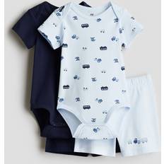 H&M 4-Delat Set I Bomullstrikå - Marinblå/Fordon