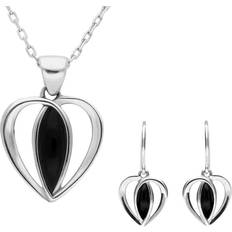Jewellery Sets C W Sellors Sterling Silver Whitby Jet Centre Stone Heart Two Piece Set