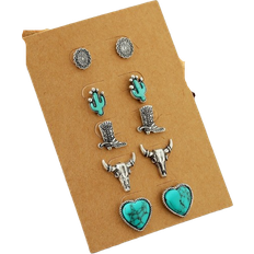 Shein Pairs Vintage Western Style Turquoise Decorated Cactus Cowboy Boots Bull Head Heart Stud Earrings Set for Women