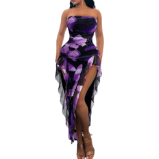 Shein Summer Butterfly Print Flowy Ruffle Trim Backless High Slit Bodycon Dress