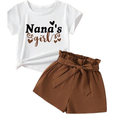 Shein Sommer Set für Mädchen mit Kurzarm T-Shirt mit Slogan-Muster und Shorts mit Papierbeutel-Taille, Lässig-Outfit