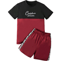 Shein Young Boy Simple Casual Letter And Color Block Short Sleeve TShirt And Shorts Set