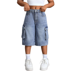 Shein Tween Girls YK Trending Retro Stonewashed Flap Pocket Baggy Denim Cargo Jeans Long ShortsGirls Fall Clothes Back To School Outfits