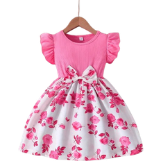 Shein Girls Summer Ruffled Sleeves BowTie Rose Flower Print Casual Dress