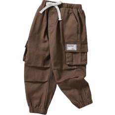 Shein Young Boys Loose And Comfortable Letter Patch Drawstring Waist Cargo Pocket Brown Jogger JeansVersatile And Suitable For Young Boys School And Daily