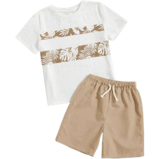 Shein Tween Boy Tropical Print Tee - Drawstring Waist Shorts