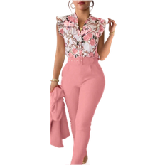 Shein Womens pcs Set Floral Pattern VNeck Top With Ruffle Sleeves And HighWaist Pocketed Solid Slim Fit Pants