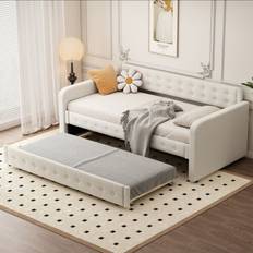 Merax Tagesbett 90x200 cm Sofabett Gästebett Bettgestell mit Ausziehbett - Beige Rahmenbett