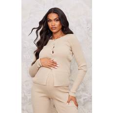 PrettyLittleThing Maternity Oatmeal Button Up Long Sleeve Rib Knit Top S