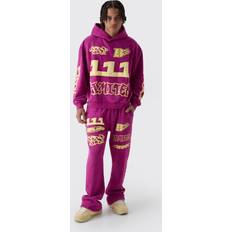 Röda Kostymer boohooMAN Mens Oversized Boxy Moto Puff Print Wash Hooded Tracksuit - Red