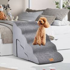 5- og 3-trins Hundetrappe med Chenille Stofoverflade og Kæledyrsbørste Grå