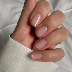 French Tip False Nails Short Glitter Gold Edge Stick - Nude Pink