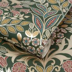 Grandeco Green Belvedere Floral Damask Metallic Smooth Wallpaper