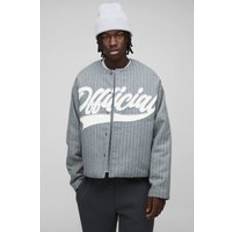 boohooMAN Mens Grey Oversized Collarless Stripe Baseball Varsity Jacket