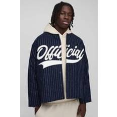 boohooMAN Mens Navy Oversized Collarless Stripe Baseball Varsity Jacket