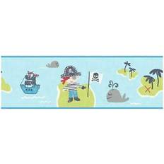 Decorline Pirates Wallpaper Border Blue Green Boats Trees Skulls