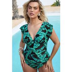 Swimsuits Yours Leaf Print Frill Sleeve Swimsuit - Black