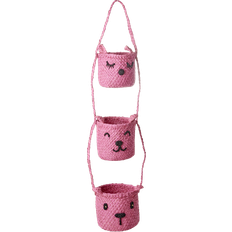 Rice Raffia 3-Tier Hanging Storage With Animal Faces Pink