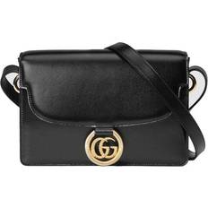 Gold Messenger Bags Gucci GG Ring Gold Logo Leather Shoulder Messenger Bag - Black Classic