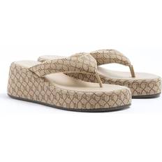 Heeled Sandals River Island Monogram Flip Flop Wedge Sandals - Beige