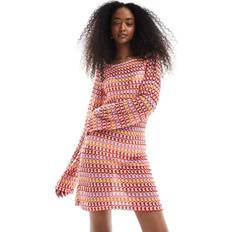 Orange - Short Dresses Pieces Crochet Long Sleeve Mini Dress - Red/Orange Stripe