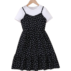 Shein Tween Girl Casual Knit Short Sleeve Top And Floral Cami Dress Set For Outings And Summer