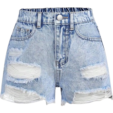 Shein Tween Girls Summer Boho Stonedwashed Ripped Raw Hem Denim Jeans ShortsGirls Summer Clothes Outfits