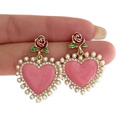 Shein Pair Vintage Rose Pearl Heart Shaped Earrings Elegant And Versatile Earrings