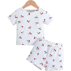 Shein pcs Baby Girls Sweet And Cute Cherry Pattern Summer Outfit Lightweight Pit Ribbed Round Neck Short Sleeve TShirt And Shorts Set