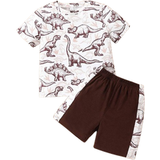 Dinosaurs Other Sets Children's Clothing Shein pcs Young Boy Casual Dinosaur Print Round Neck Short Sleeve TShirt And Patchwork Shorts Set Summer Suitable For Sports Leisure Daily Wear Travel And