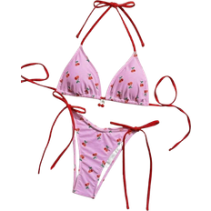 Shein Frauen Sommer Strand Kirsche bedrucktes Halter Neck Tie Sexy Bikini Set