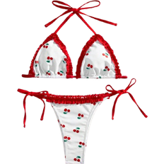 Shein Damen Sommer Strand Kirsche bedrucktes Bikini Set mit Rüschen, Neckholder Band und Sexy Schnürung