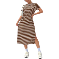 Shein Lässig kleid für Damen im Sommer, gestreift mit seitlichem Schlitzsaum, in Kaffeebraun gestrickt